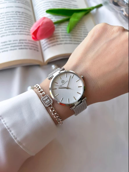 Bigotti Çelik Hasır Kordon Kararma Renk Atmaz 3 Atm Suya Dayanıklı Kadın Kol Saati+Bileklik B10342.1 - Resim 2