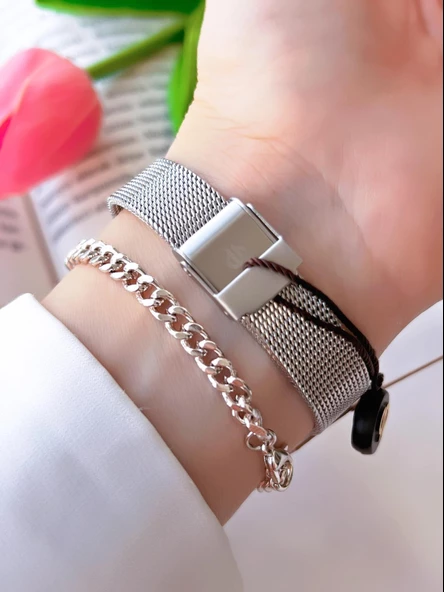 Bigotti Çelik Hasır Kordon Kararma Renk Atmaz 3 Atm Suya Dayanıklı Kadın Kol Saati+Bileklik B10342.1 - Resim 3