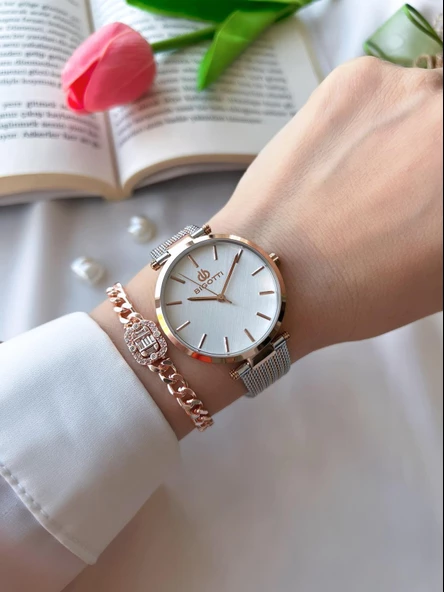 Bigotti Çelik Hasır Kordon Kararma Renk Atmaz 3 Atm Suya Dayanıklı Kadın Kol Saati+Bileklik B10342.4 - Resim 2