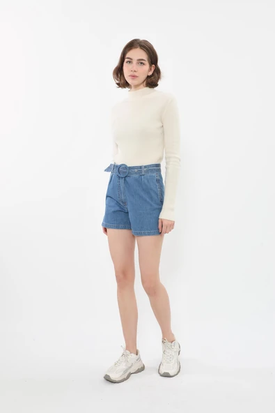 Kadın Yüksek Bel Geniş Kesim Jean Şort - 3