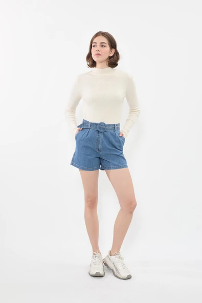 Kadın Yüksek Bel Geniş Kesim Jean Şort - 2