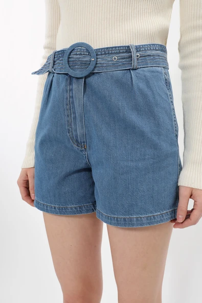 Kadın Yüksek Bel Geniş Kesim Jean Şort - 7