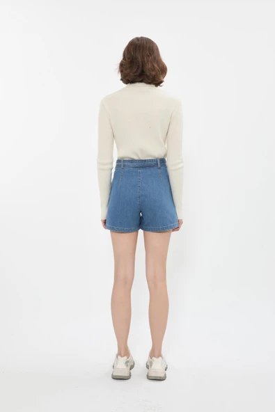 Kadın Yüksek Bel Geniş Kesim Jean Şort - 6
