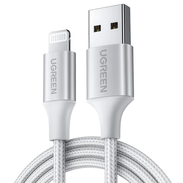 UGREEN LIGHTNING TO USB-A ÖRGÜLÜ MFİ SERTİFİKALI İPHONE HIZLI ŞARJ KABLOSU 2 METRE GÜMÜŞ 60163