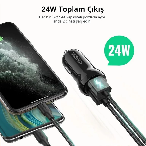UGREEN 24W ARAÇ ÇAKMAKLIK ŞARJ CİHAZI 2XUSB-A SİYAH 50875 - 2