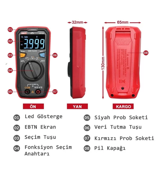 UNI-T Dijital Akıllı Ölçü Aleti Otomatik Kapanma NCV + Isı Ölçme - 2