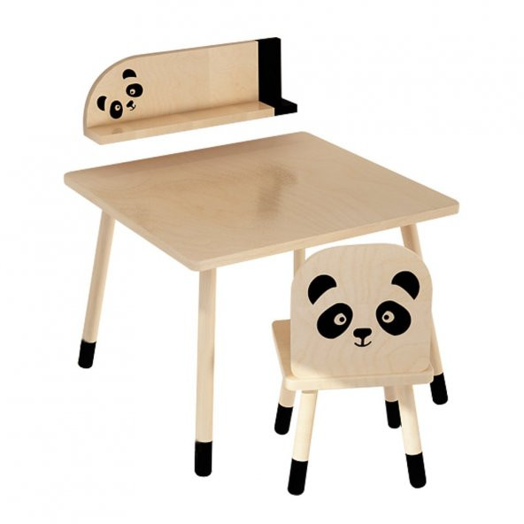 Kayın Ağacı Çocuk Aktivite Masa Sandalye ve Raf Takımı - Panda