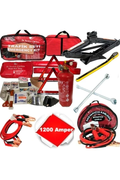 Beşli Set Tüvtürk Uyumlu Trafik Seti + Çantalı Takviye Kablosu + Kriko + Bijon Anahtarı + Eldiven