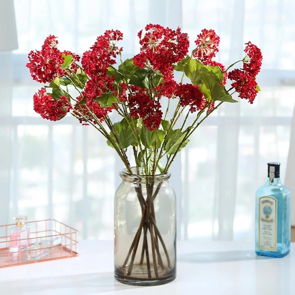 Nettenevime Yapay Çiçek Ortanca 3 Toplu Kırmızı Tek Dal Tomurcuklu 75*25cm Kumaş Çiçek Uzun Dal - Resim 5