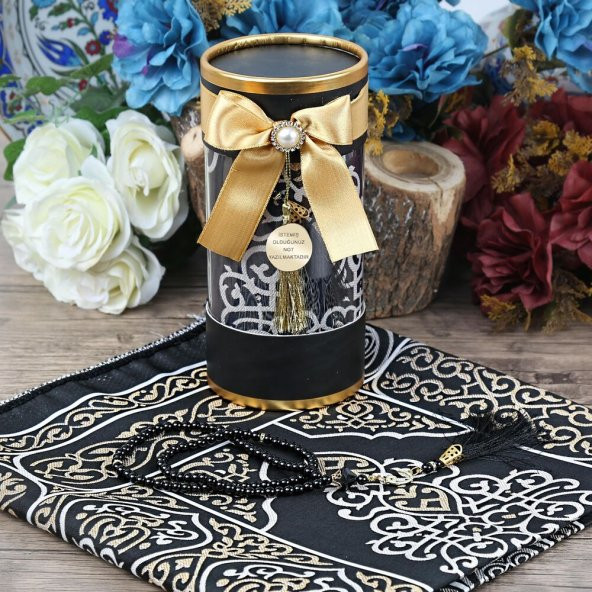 Hediyelik Silindir Asetat Kutu (18×10), Seccade, İnci Tesbihli Set - Siyah - 2