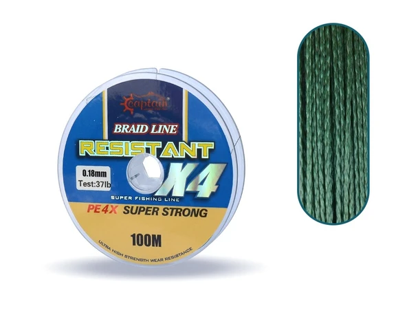 Captain Resistant PE 4 Kat İp Misina 100mt Yeşil  0.18 mm
