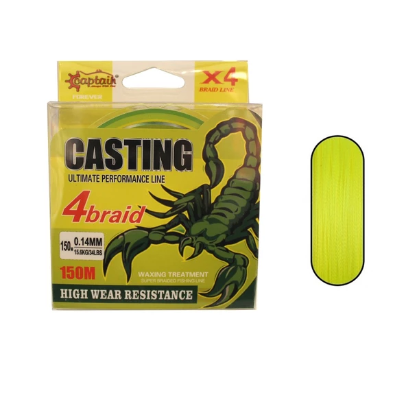 Captain Casting PE 4 Kat Spin İp Misina 150mt Sarı  0.08 mm