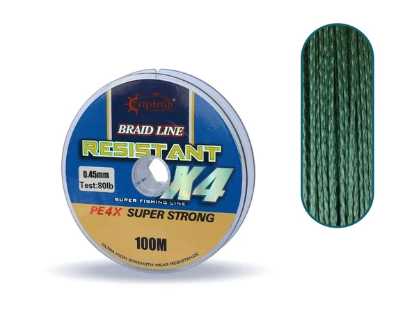 Captain Resistant PE 4 Kat İp Misina 100mt Yeşil  0.45 mm