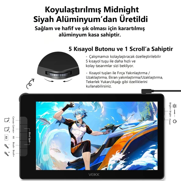 Veikk VK1600 16384 Levels 5080 LPI 15.6" FHD IPS Grafik Tablet + 2 Adet Kalem - 6