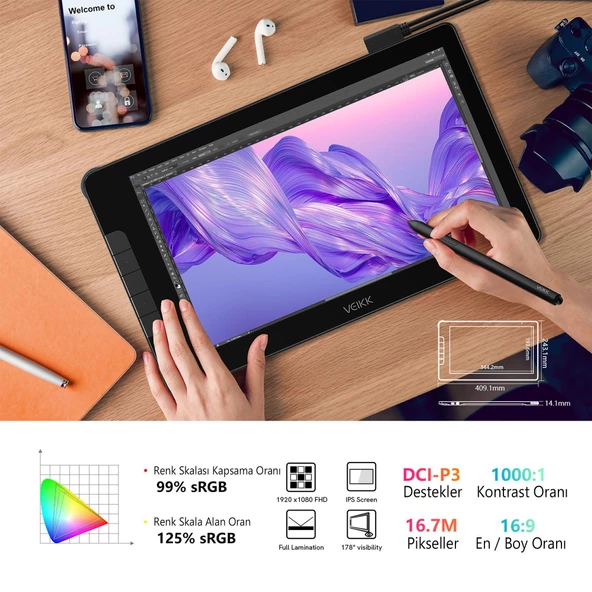 Veikk VK1600 16384 Levels 5080 LPI 15.6" FHD IPS Grafik Tablet + 2 Adet Kalem - 3