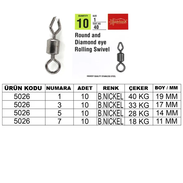 Captain 5026 Elmas Diamond Fırdöndü 10lu Paket Black Nikel  5