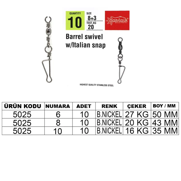 Captain 5025 İtalyan Klips 10lu Paket Black Nikel  10+2