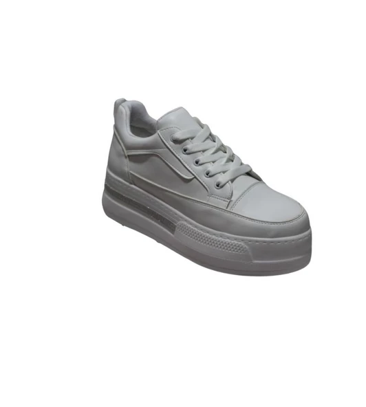 YAZKIŞ Kadın Siyah Beyaz Cilt 5cm Kalın Taban Bağcıklı Tabanı Taşlı Sneaker Spor Ayakkabı - Resim 3