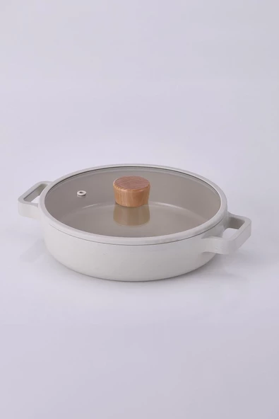NEOFLAM Fika Cam Kapaklı Alüminyum Sığ Tencere 26 Cm Bej