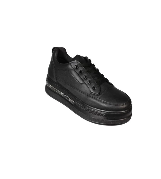 YAZKIŞ Kadın Siyah Beyaz Cilt 5cm Kalın Taban Bağcıklı Tabanı Taşlı Sneaker Spor Ayakkabı - Resim 2