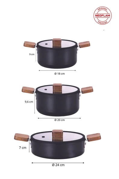 NEOFLAM Bien Black 10 Parça Indüksiyonlu Tencere Tava Seti Akasya Ağacı Sap Ve Kulplu