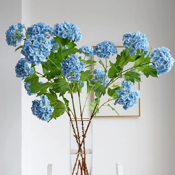Nettenevime Yapay Çiçek Ortanca 3 Toplu Mavi Tek Dal Tomurcuklu 75*25cm Kumaş Çiçek Uzun Dal - Resim 6