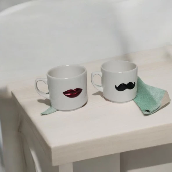 3D Bıyık ve Dudak Desenli 2'li Kupa Seti - Kadın ve Erkek Temalı Kupa Bardak - 3