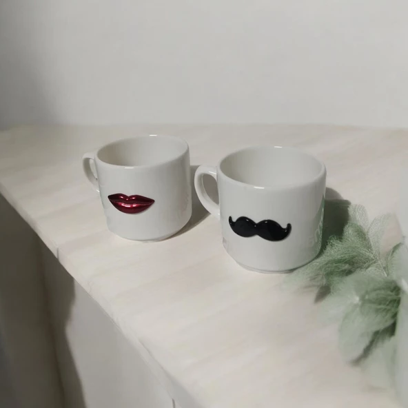 3D Bıyık ve Dudak Desenli 2'li Kupa Seti - Kadın ve Erkek Temalı Kupa Bardak - 2