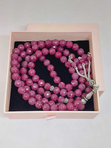 Yakut Taşı Faset Kesim 99luk Tesbih 8mm 925 Ayar Gümüş Malzeme - 10