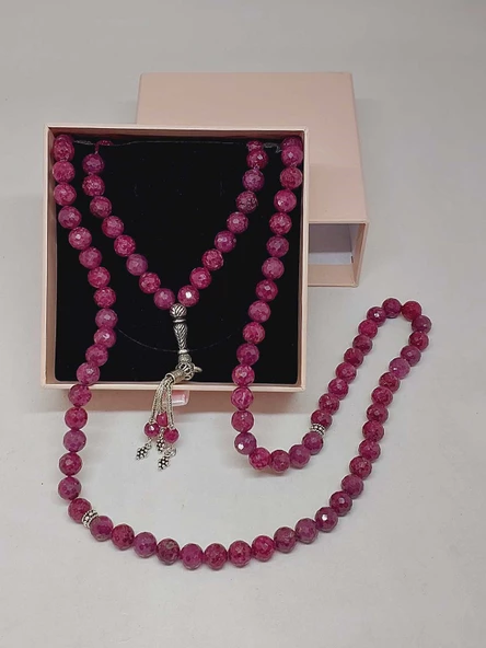 Yakut Taşı Faset Kesim 99luk Tesbih 8mm 925 Ayar Gümüş Malzeme - 8