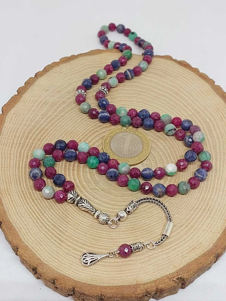 Yakut & Safir & Zümrüt Taşı Faset Kesim 99luk Tesbih 6mm 925 Ayar Gümüş Malzeme - 4