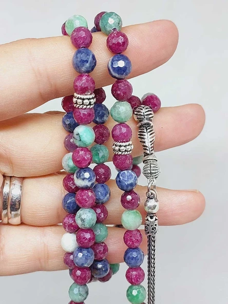 Yakut & Safir & Zümrüt Taşı Faset Kesim 99luk Tesbih 6mm 925 Ayar Gümüş Malzeme - 2