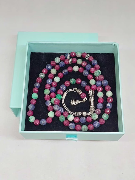Yakut & Safir & Zümrüt Taşı Faset Kesim 99luk Tesbih 6mm 925 Ayar Gümüş Malzeme - 7