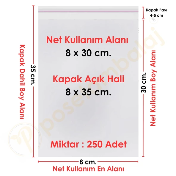 8x30+5 cm.(8x35) 250 Adet Şeffaf Bantlı Yapışkanlı OPP Poşet