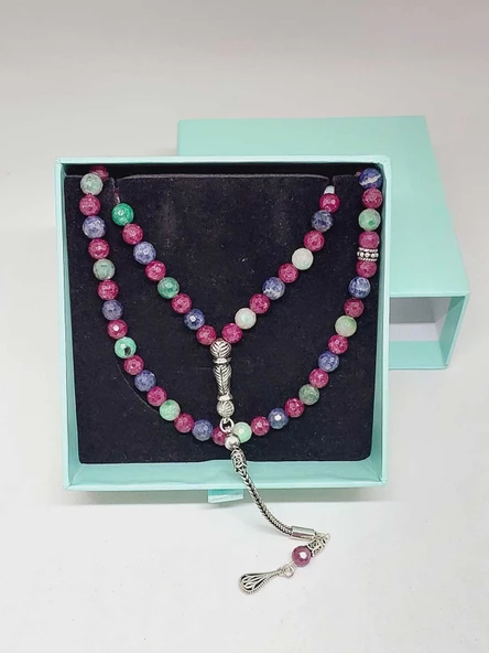 Yakut & Safir & Zümrüt Taşı Faset Kesim 99luk Tesbih 6mm 925 Ayar Gümüş Malzeme - 8