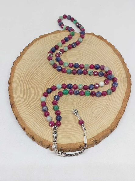 Yakut & Safir & Zümrüt Taşı Faset Kesim 99luk Tesbih 6mm 925 Ayar Gümüş Malzeme - 5