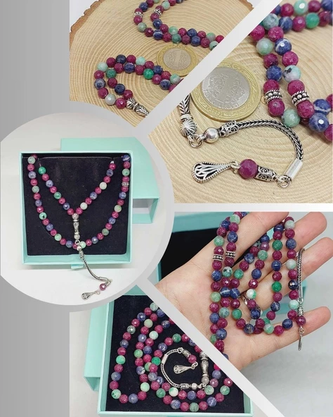 Yakut & Safir & Zümrüt Taşı Faset Kesim 99luk Tesbih 6mm 925 Ayar Gümüş Malzeme