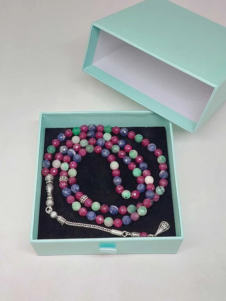 Yakut & Safir & Zümrüt Taşı Faset Kesim 99luk Tesbih 6mm 925 Ayar Gümüş Malzeme - 3