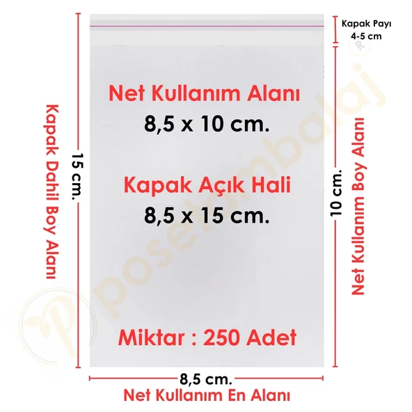 8,5x10+5 cm.(8,5x15) 250 Adet Şeffaf Bantlı Yapışkanlı OPP Poşet