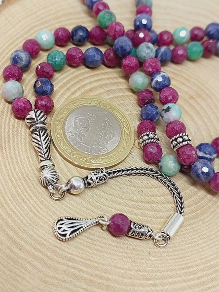 Yakut & Safir & Zümrüt Taşı Faset Kesim 99luk Tesbih 6mm 925 Ayar Gümüş Malzeme - 9