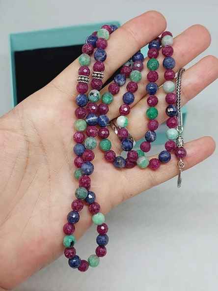 Yakut & Safir & Zümrüt Taşı Faset Kesim 99luk Tesbih 6mm 925 Ayar Gümüş Malzeme - 10