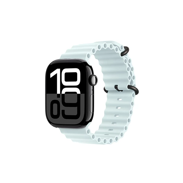 KNY Apple Watch 10.Nesil 42 MM İçin Delikli Metal Kopçalı Renkli Silikon Kayış-Kordon KRD-75 Mavi