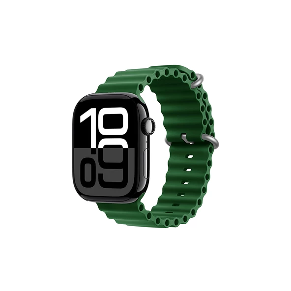 KNY Apple Watch 10.Nesil 42 MM İçin Delikli Metal Kopçalı Renkli Silikon Kayış-Kordon KRD-75 Haki