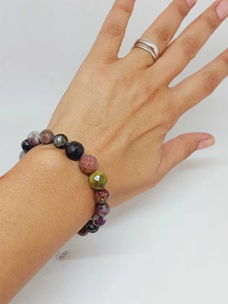 Parlayan Yıldızlar Serisi Turmalin Taşı Karışık Renkler Tasarım Bileklik - Resim 2