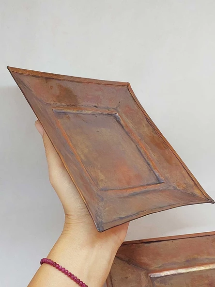 Dekoratif Otantik El Yapımı Kare Bakır Tabak Orta Boy - Resim 4