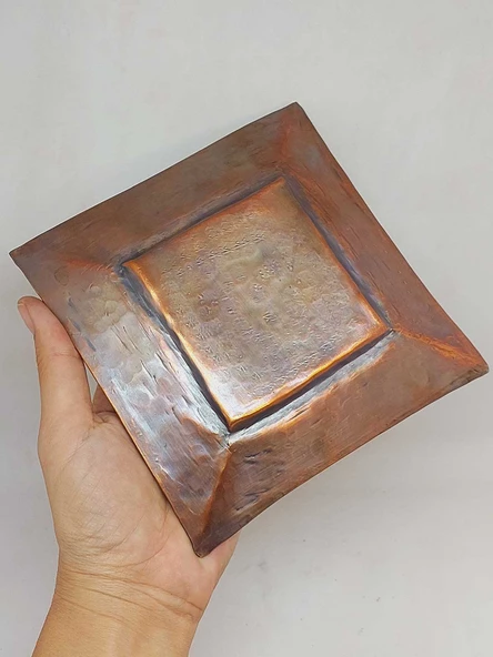 Dekoratif Otantik El Yapımı Kare Bakır Tabak Küçük Boy - Resim 4