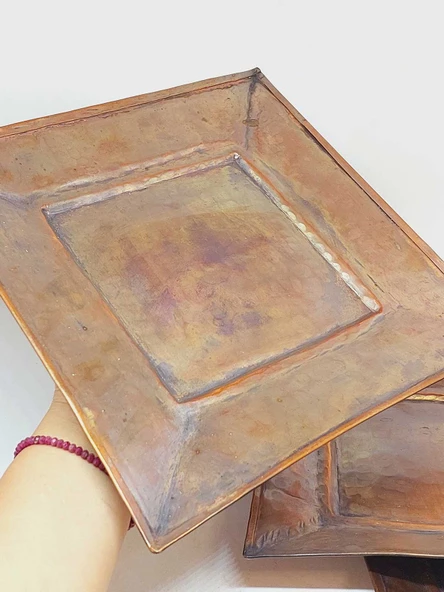 Dekoratif Otantik El Yapımı Kare Bakır Tabak Büyük Boy - Resim 3