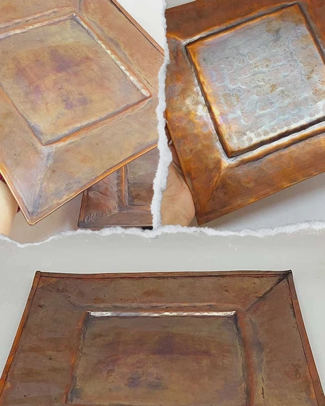 Dekoratif Otantik El Yapımı Kare Bakır Tabak Büyük Boy ürün görseli