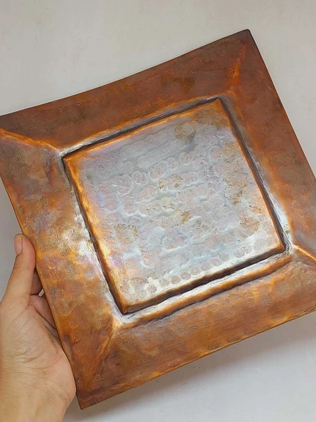 Dekoratif Otantik El Yapımı Kare Bakır Tabak Büyük Boy - Resim 4