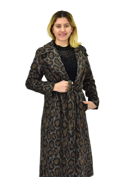Kadın Leopar Desenli Uzun Kaşe Kaban BGL-ST04114 - Resim 8